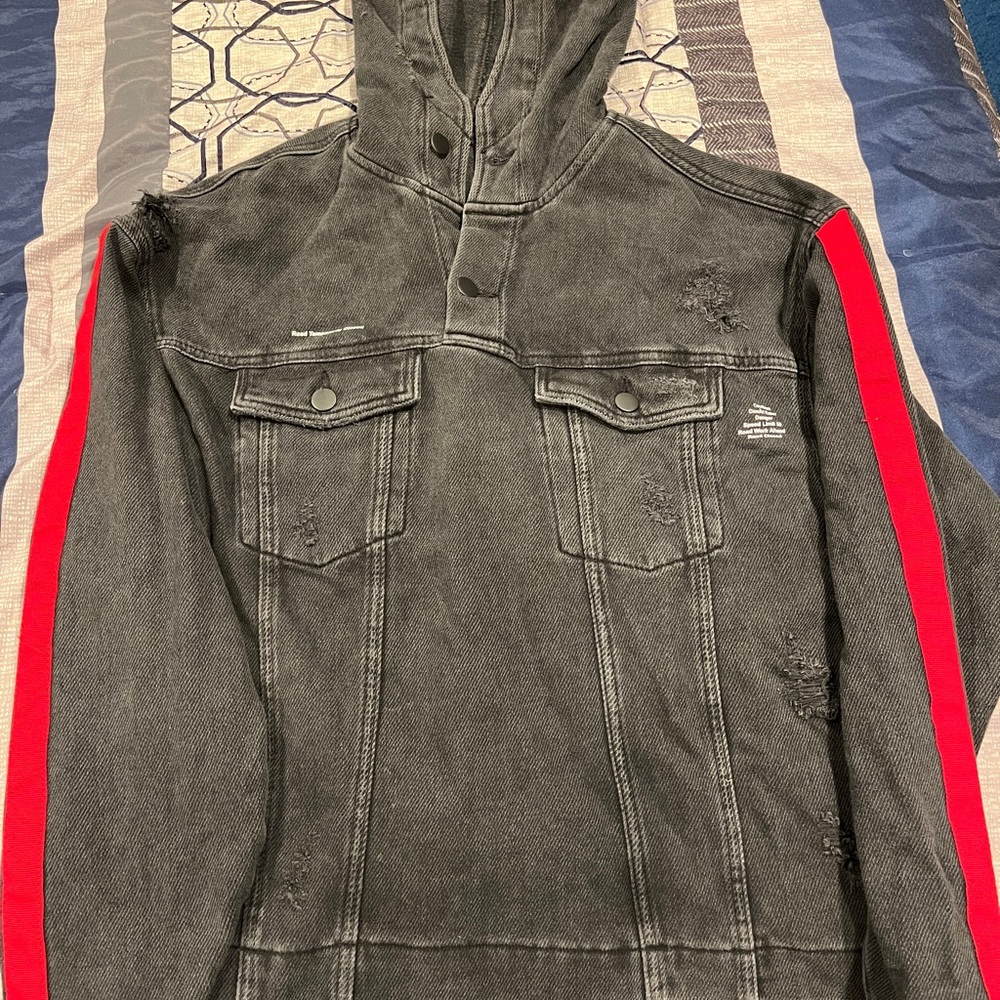 Mens Zara Soft Denim Hoodie Sz S w/ red stripe
